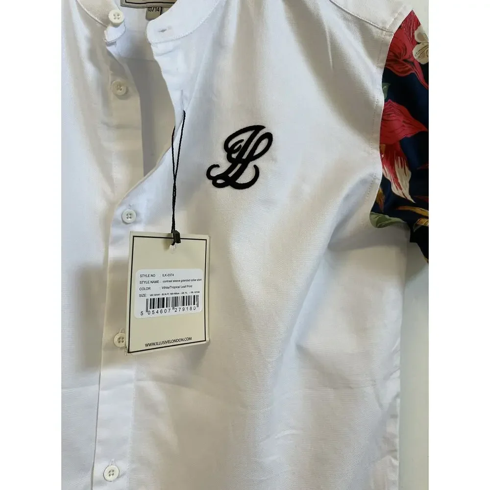 Illusive London Shirt Boys 13/14 Years Button Up White Floral Short Sleeve N32